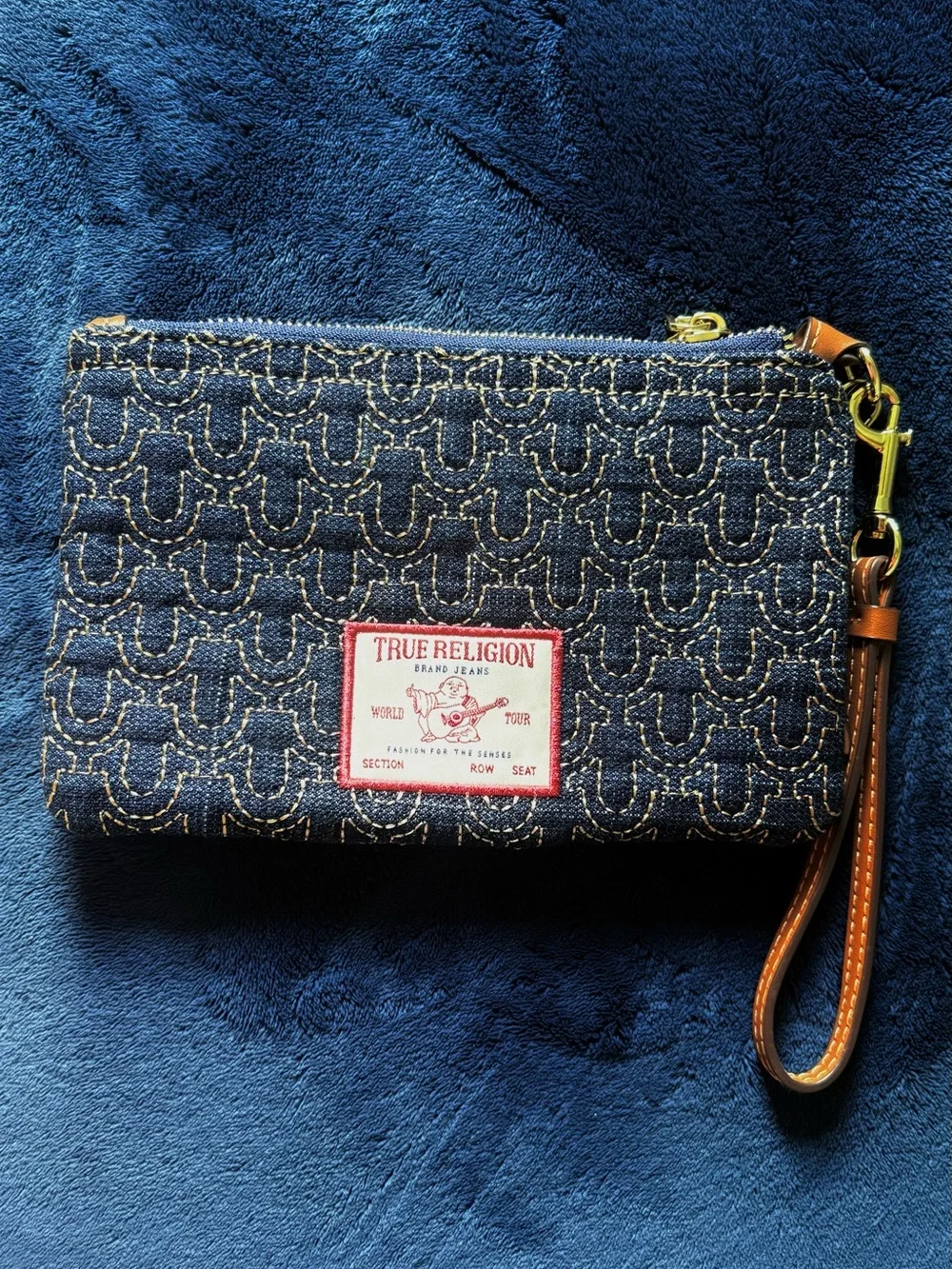 True Religion Navy Denim & Tan Wristlet Clutch with Gold Hardware